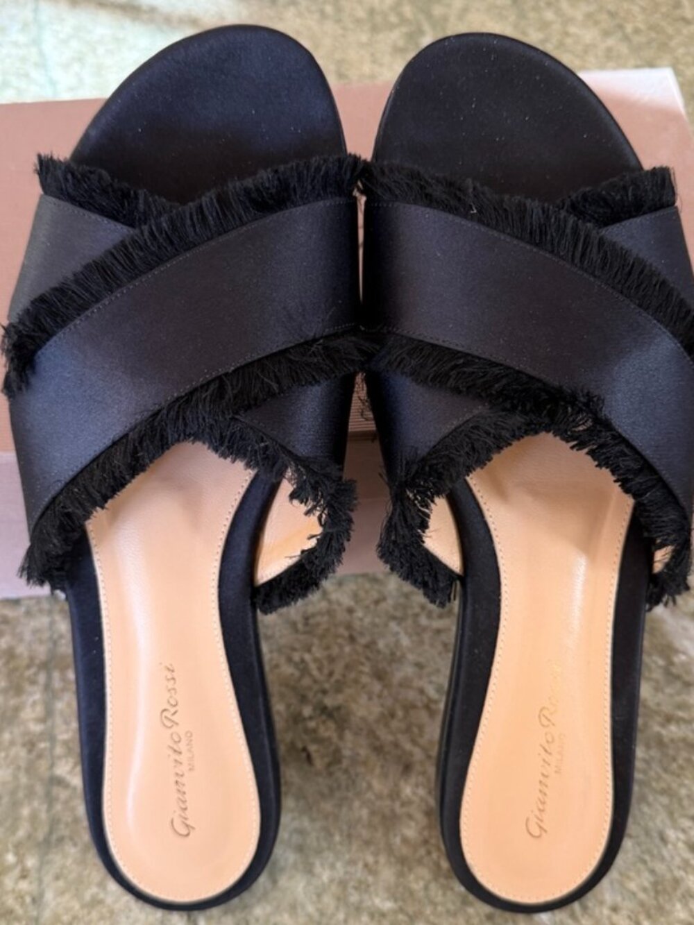 Gianvito Rossi Black Fringed Satin Cross-Strap Slide Sandals